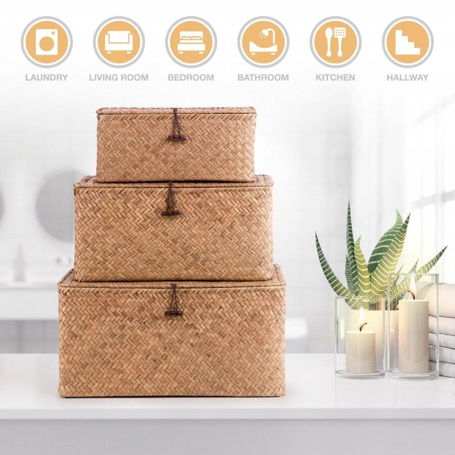 Woodluv Set of 3 Seagrass Shelf Storage Baskets With Lid, Brown
