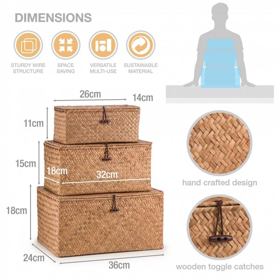 Woodluv Set of 3 Seagrass Shelf Storage Baskets With Lid, Brown