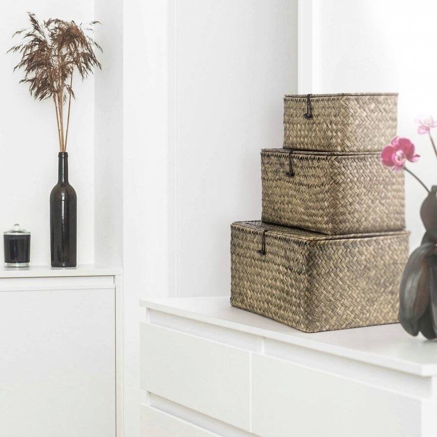 Woodluv Set of 3 Seagrass Shelf Storage Baskets With Lid, Green