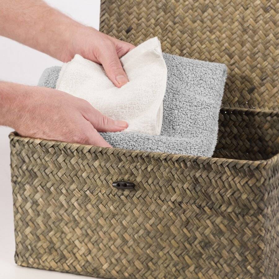 Woodluv Set of 3 Seagrass Shelf Storage Baskets With Lid, Green