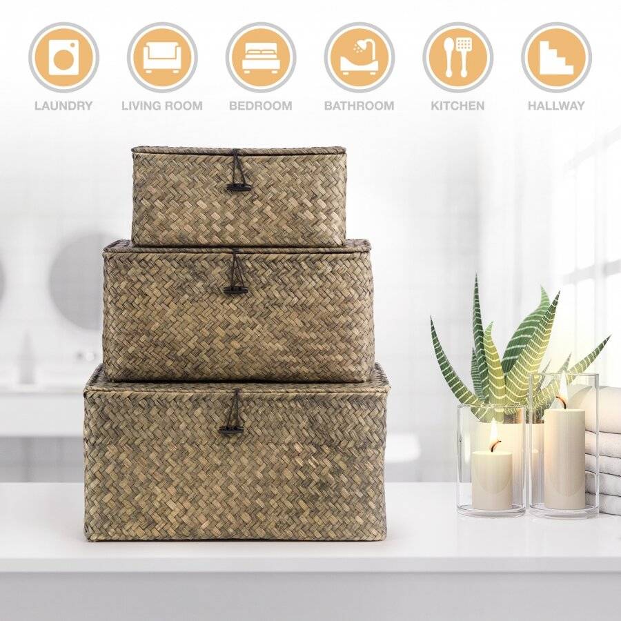 Woodluv Set of 3 Seagrass Shelf Storage Baskets With Lid, Green