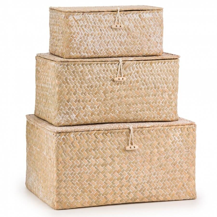 Woodluv Set of 3 Seagrass Shelf Storage Baskets With Lid, Natural