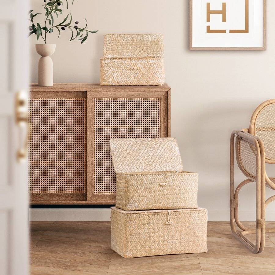 Woodluv Set of 3 Seagrass Shelf Storage Baskets With Lid, Natural