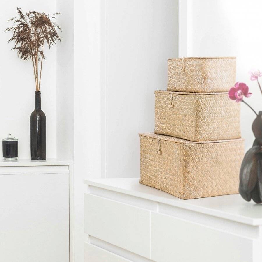 Woodluv Set of 3 Seagrass Shelf Storage Baskets With Lid, Natural