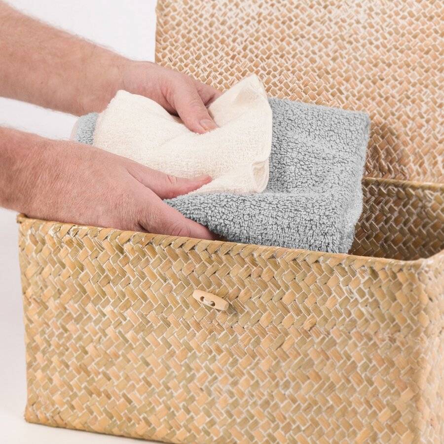 Woodluv Set of 3 Seagrass Shelf Storage Baskets With Lid, Natural