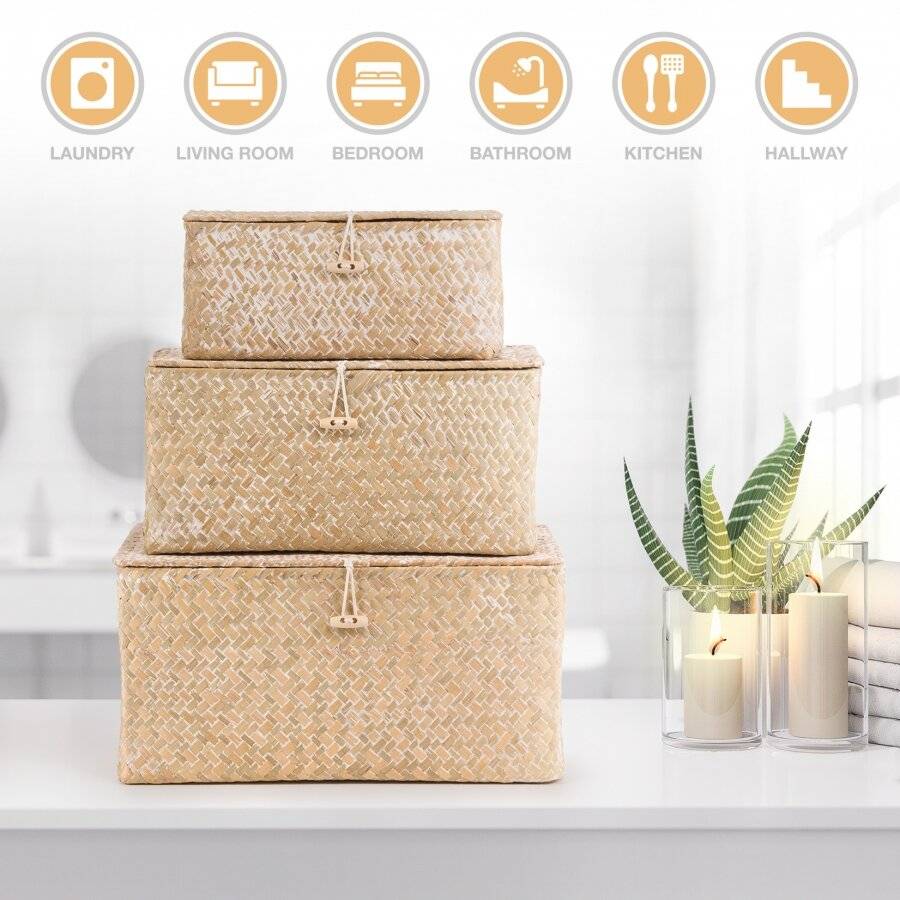 Woodluv Set of 3 Seagrass Shelf Storage Baskets With Lid, Natural