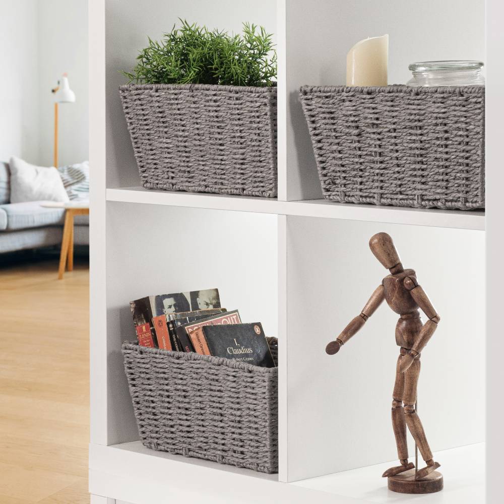 Woodluv Set of 3 Paper Rope Storage Shelf, Gift Hamper Basket - Grey