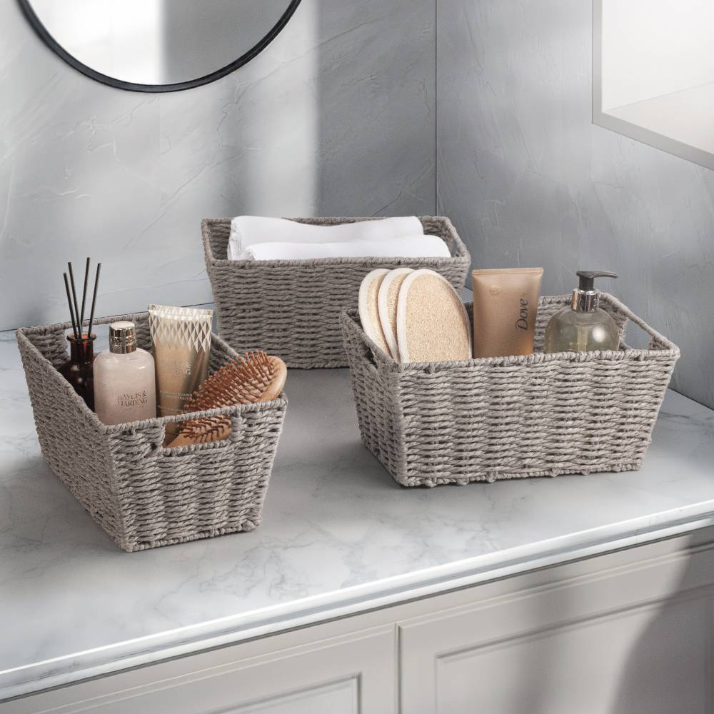 Woodluv Set of 3 Paper Rope Storage Shelf, Gift Hamper Basket - Grey