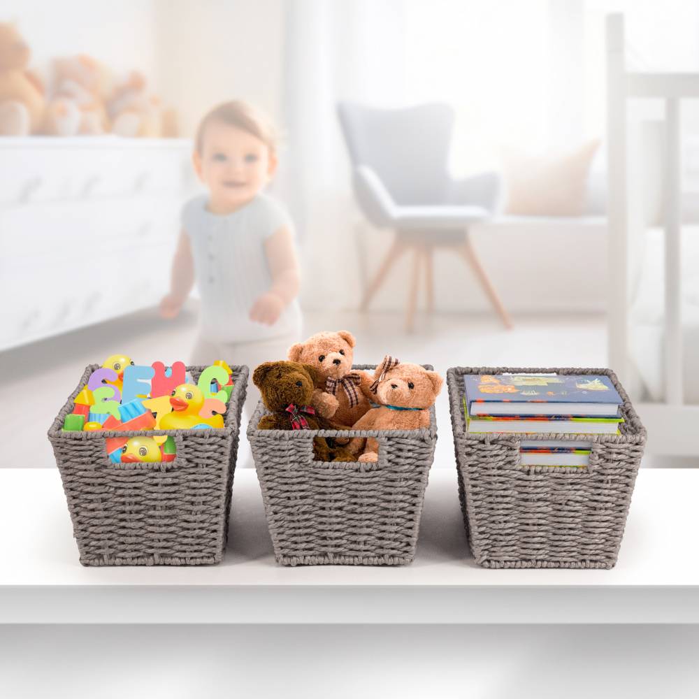 Woodluv Set of 3 Paper Rope Storage Shelf, Gift Hamper Basket - Grey