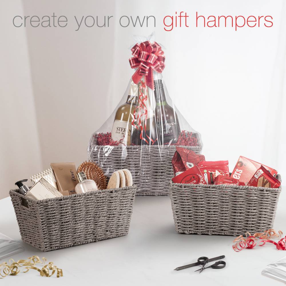 Woodluv Set of 3 Paper Rope Storage Shelf, Gift Hamper Basket - Grey