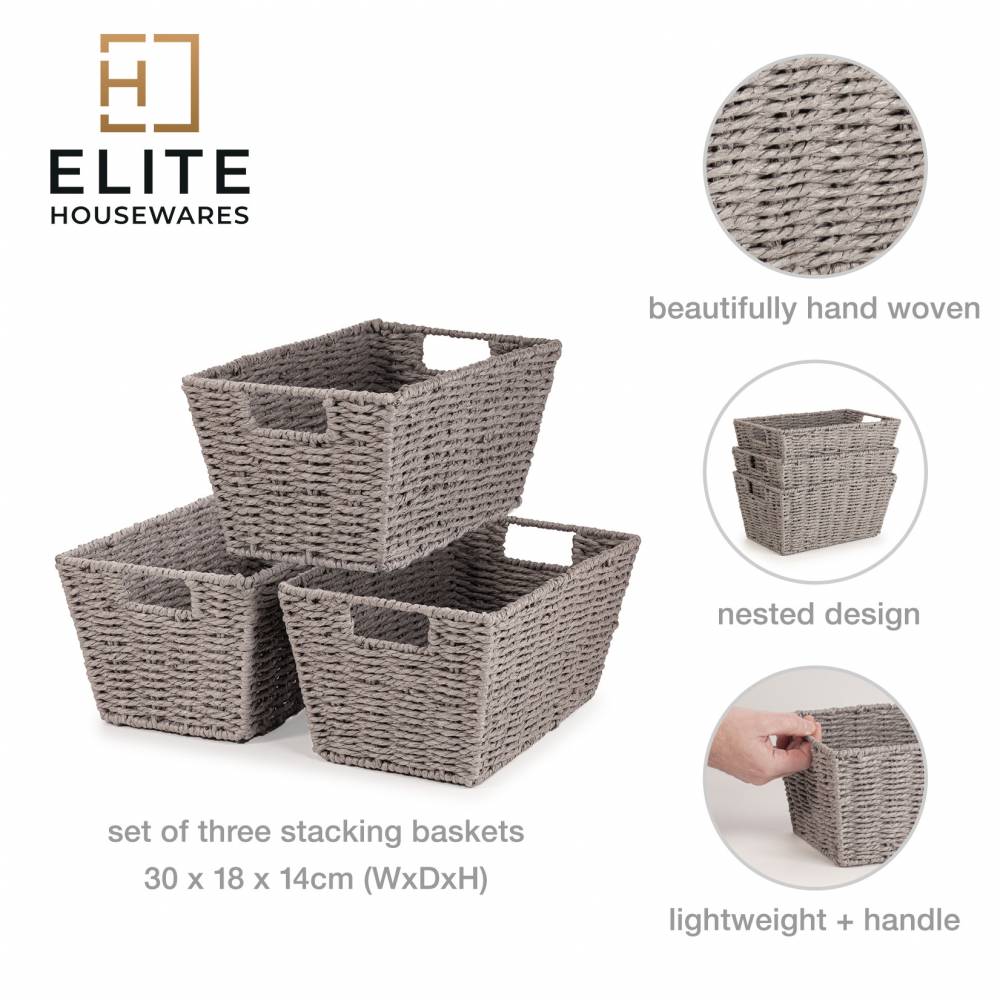 Woodluv Set of 3 Paper Rope Storage Shelf, Gift Hamper Basket - Grey