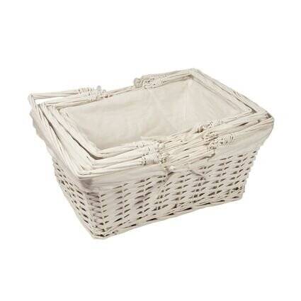 Woodluv Set of 3 White Rectangular Wicker Gift Basket With Handle