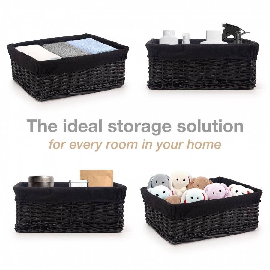 Woodluv Set of 3 Wicker Shelf Storage Hamper Baskets with Liner, Black
