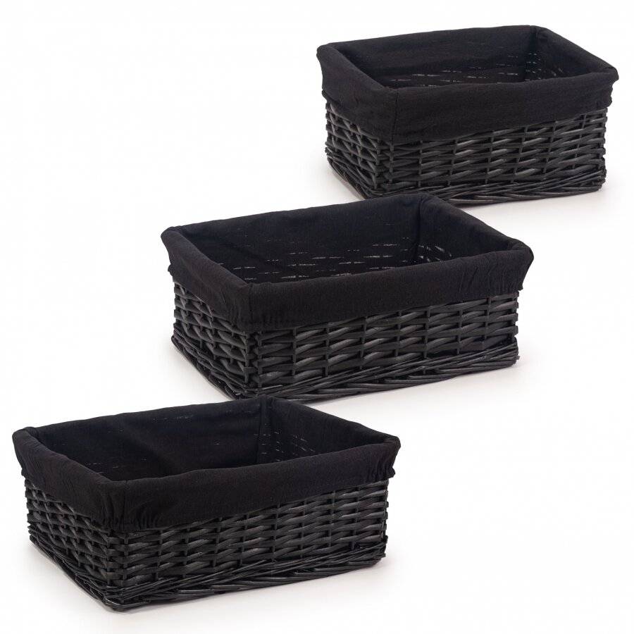 Woodluv Set of 3 Wicker Shelf Storage Hamper Baskets with Liner, Black