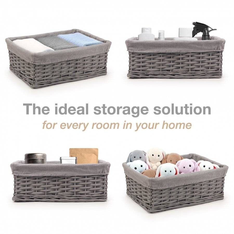 Woodluv Set of 3 Wicker Shelf Storage Hamper Baskets with Liner, Grey