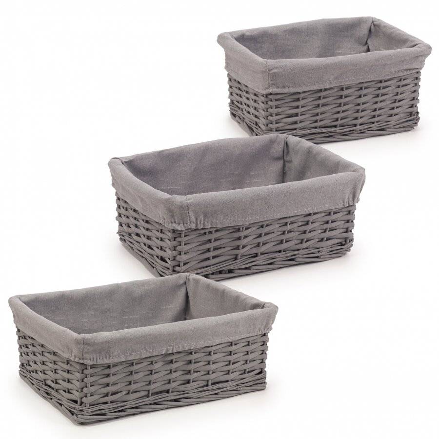 Woodluv Set of 3 Wicker Shelf Storage Hamper Baskets with Liner, Grey
