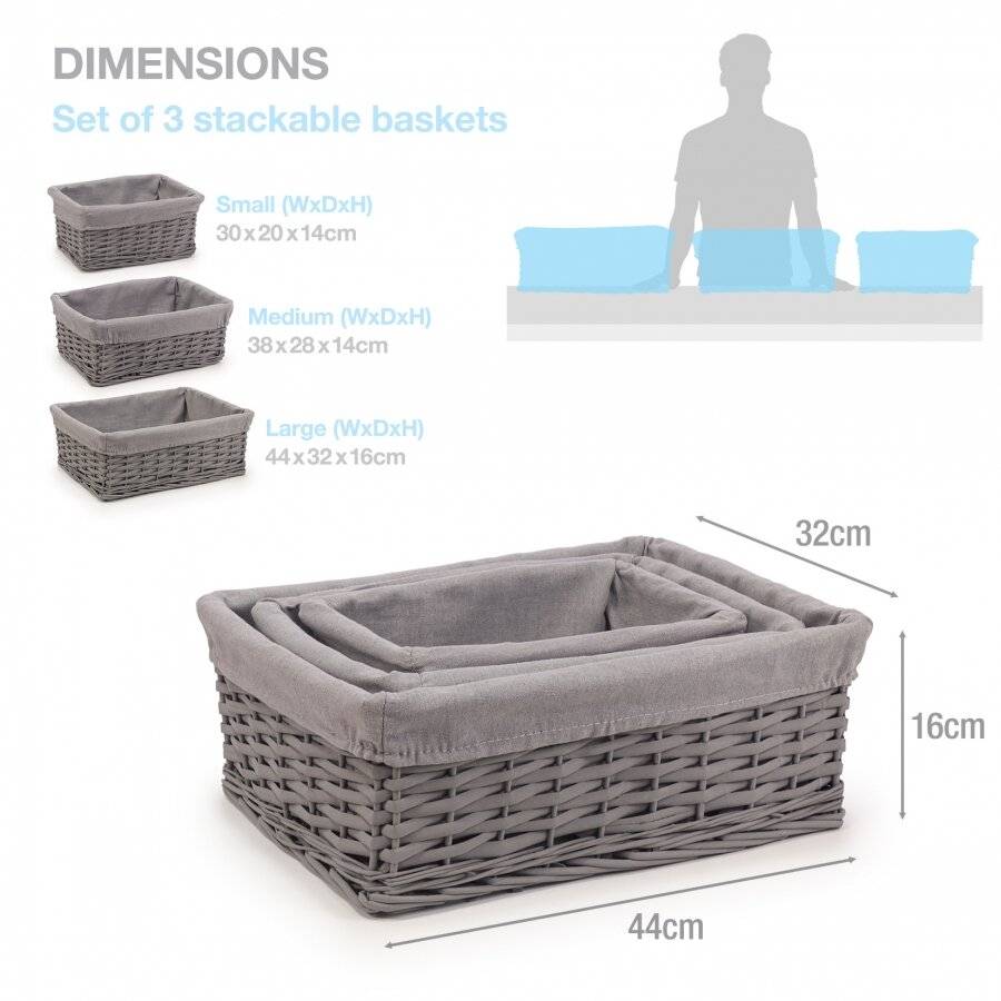 Woodluv Set of 3 Wicker Shelf Storage Hamper Baskets with Liner, Grey
