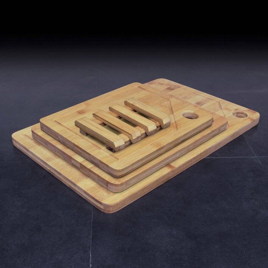 Woodluv 3 Anti Bacterial Chopping Boards With Juice Grooves & Stand