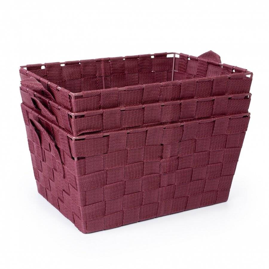 EHC Set of 3 Woven Strap Storage Basket With Carry Handles - Wine