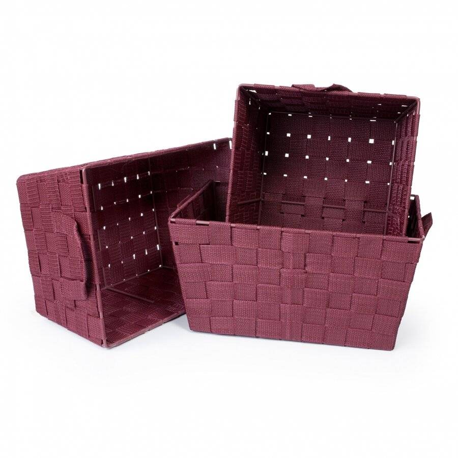 EHC Set of 3 Woven Strap Storage Basket With Carry Handles - Wine