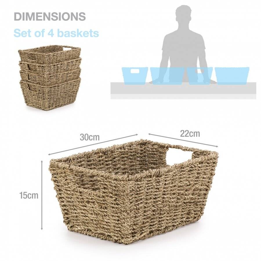 Woodluv Set of 4 Eco Friendly  Seagrass Shelf Storage Baskets