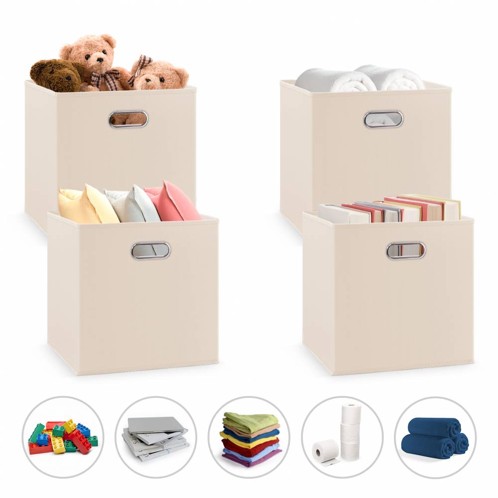 Woodluv Set of 4 Linen Storage Foldable Collapsible Baskets, Beige