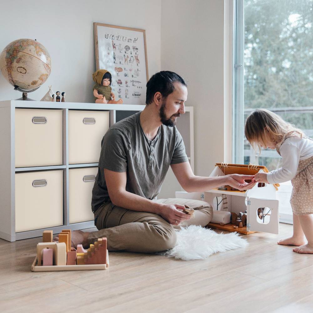 Woodluv Set of 4 Linen Storage Foldable Collapsible Baskets, Beige
