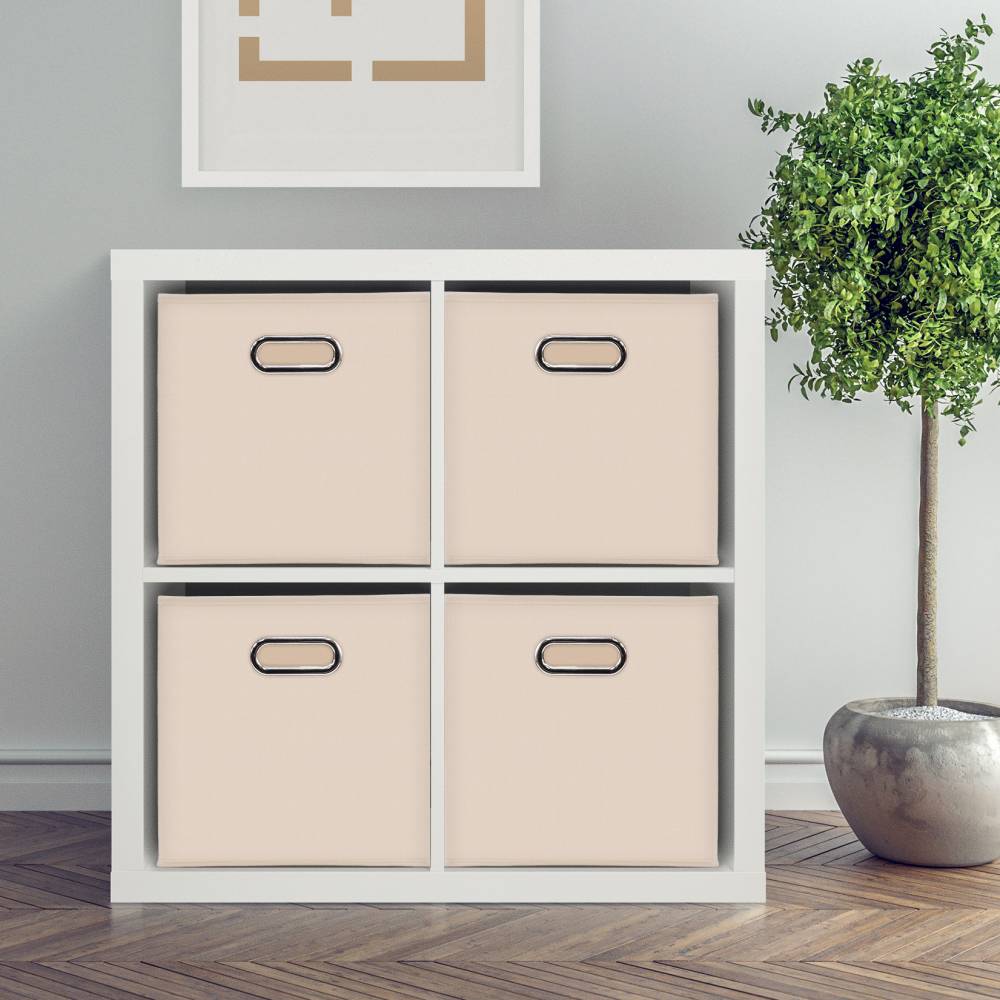 Woodluv Set of 4 Linen Storage Foldable Collapsible Baskets, Beige