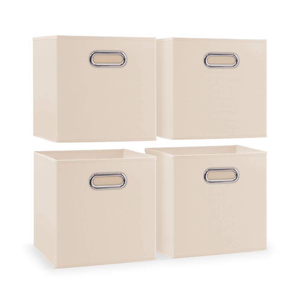 Woodluv Set of 4 Linen Storage Foldable Collapsible Baskets, Beige