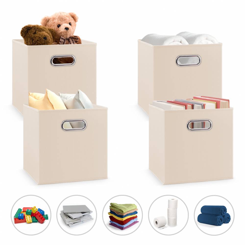 Woodluv Set of 4 Linen Storage Foldable Collapsible Baskets, Beige