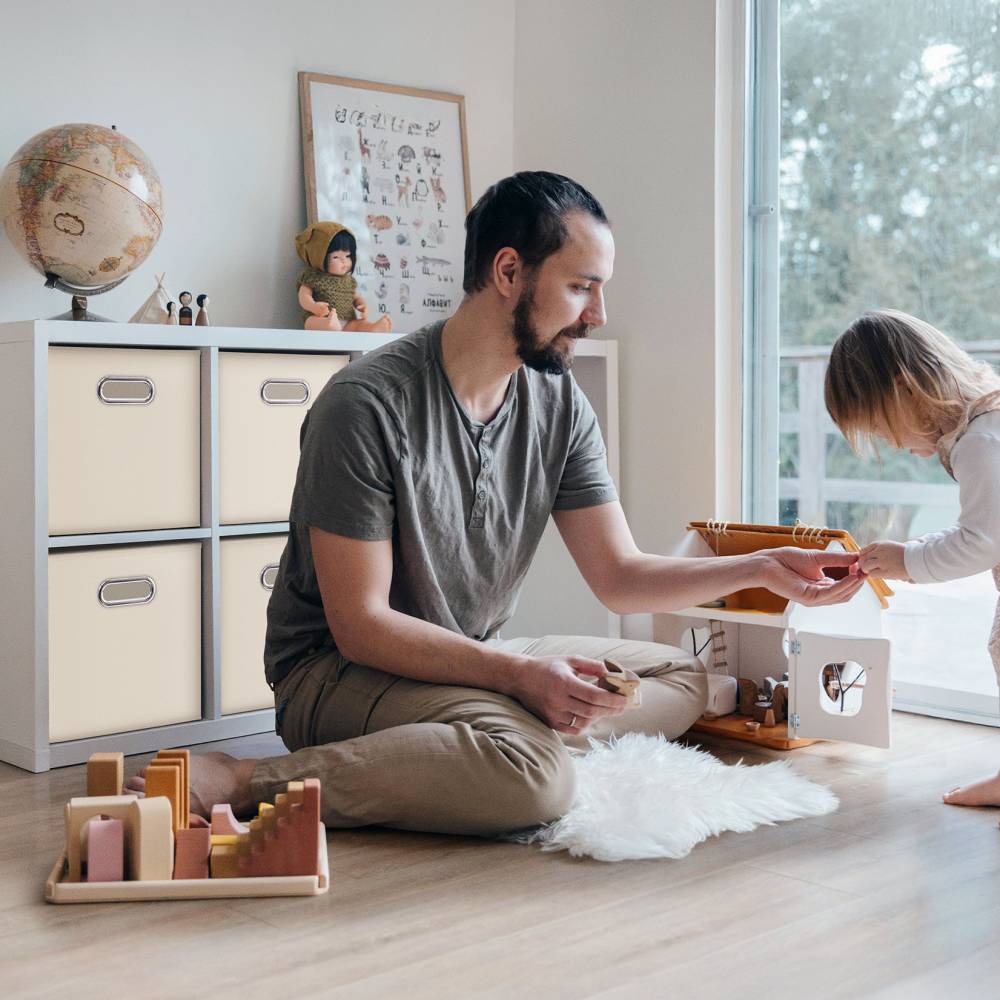 Woodluv Set of 4 Linen Storage Foldable Collapsible Baskets, Beige