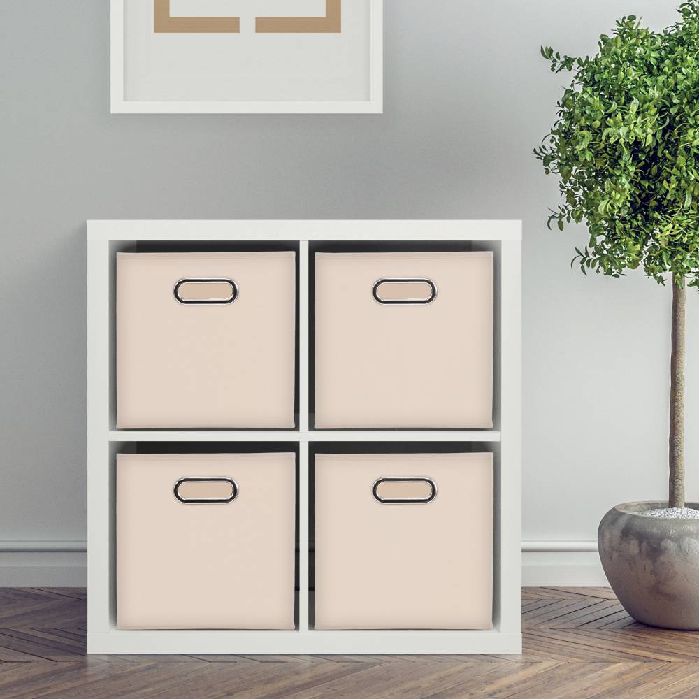 Woodluv Set of 4 Linen Storage Foldable Collapsible Baskets, Beige