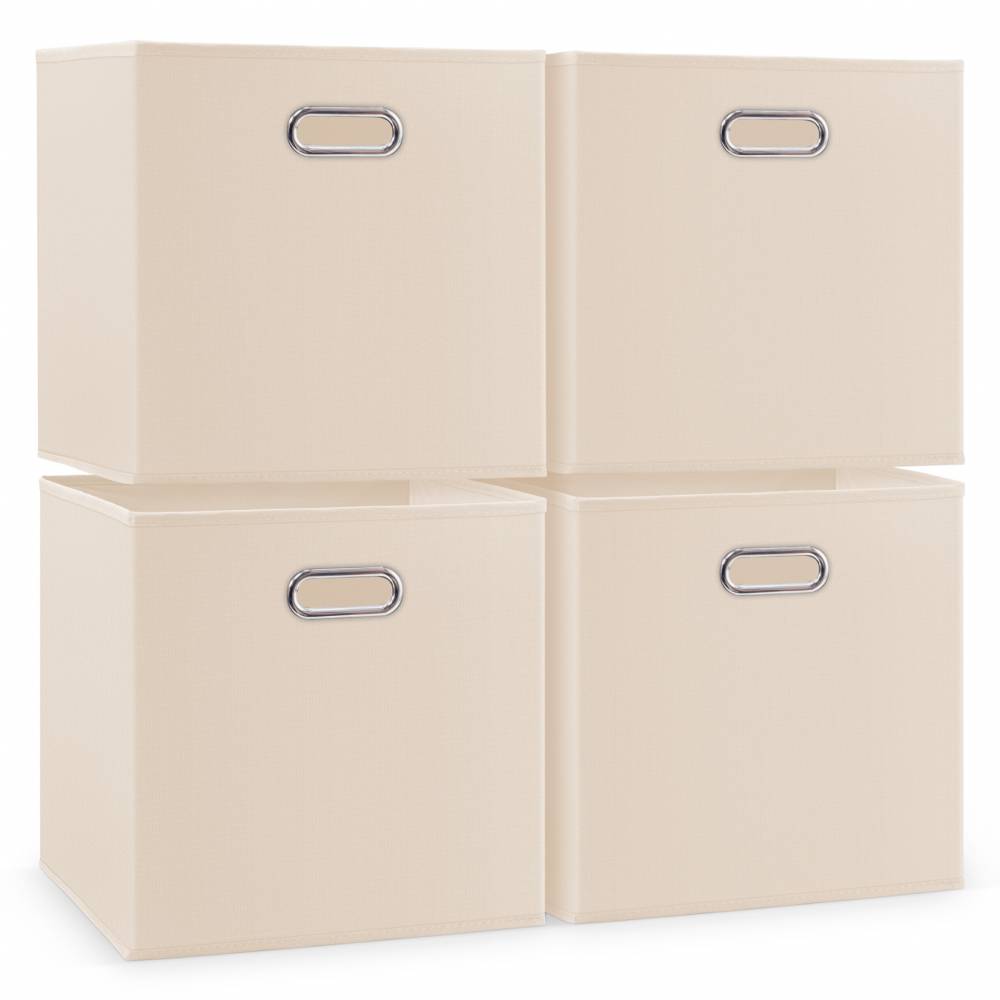 Woodluv Set of 4 Linen Storage Foldable Collapsible Baskets, Beige