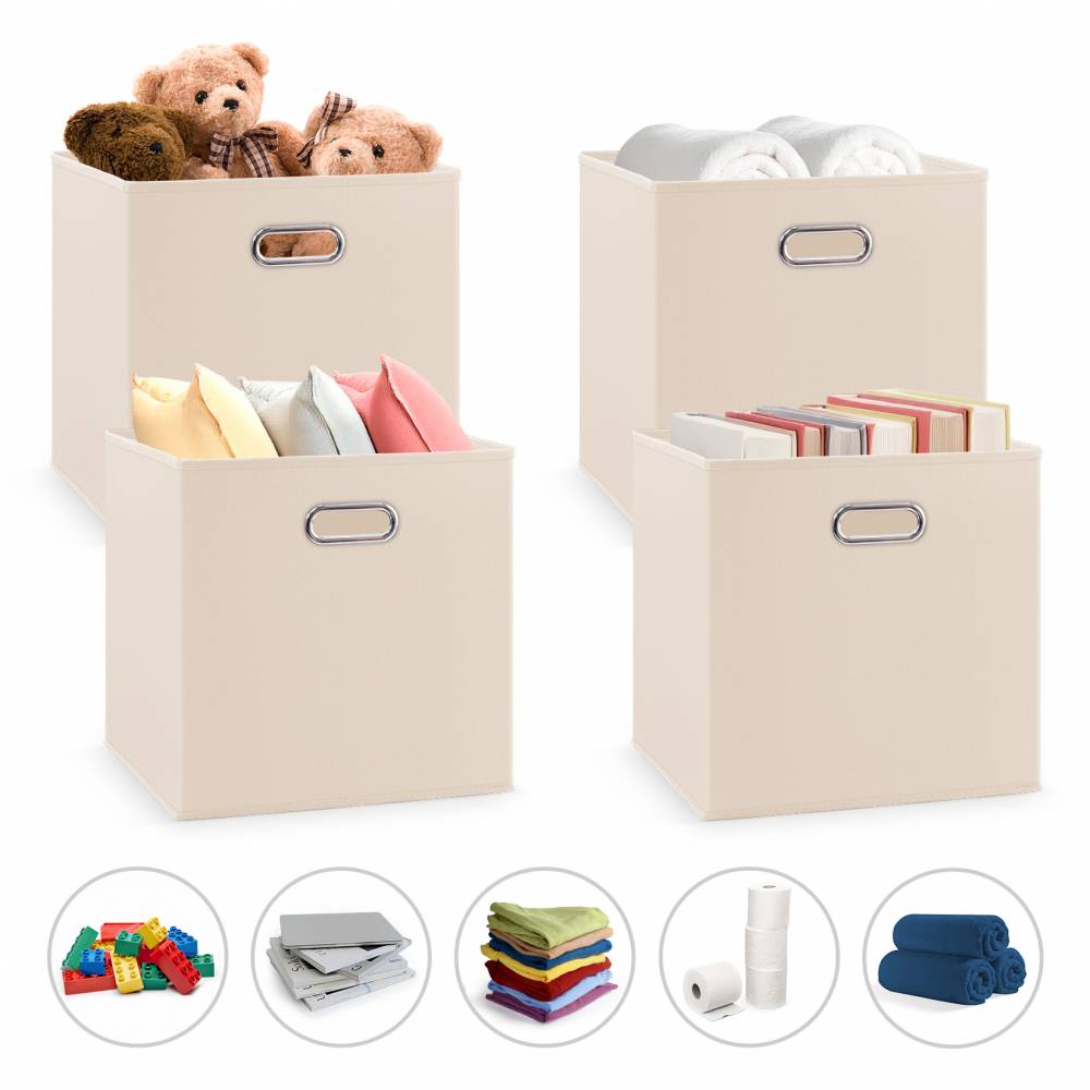 Woodluv Set of 4 Linen Storage Foldable Collapsible Baskets, Beige