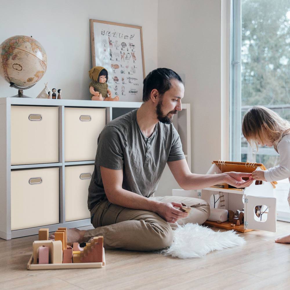 Woodluv Set of 4 Linen Storage Foldable Collapsible Baskets, Beige
