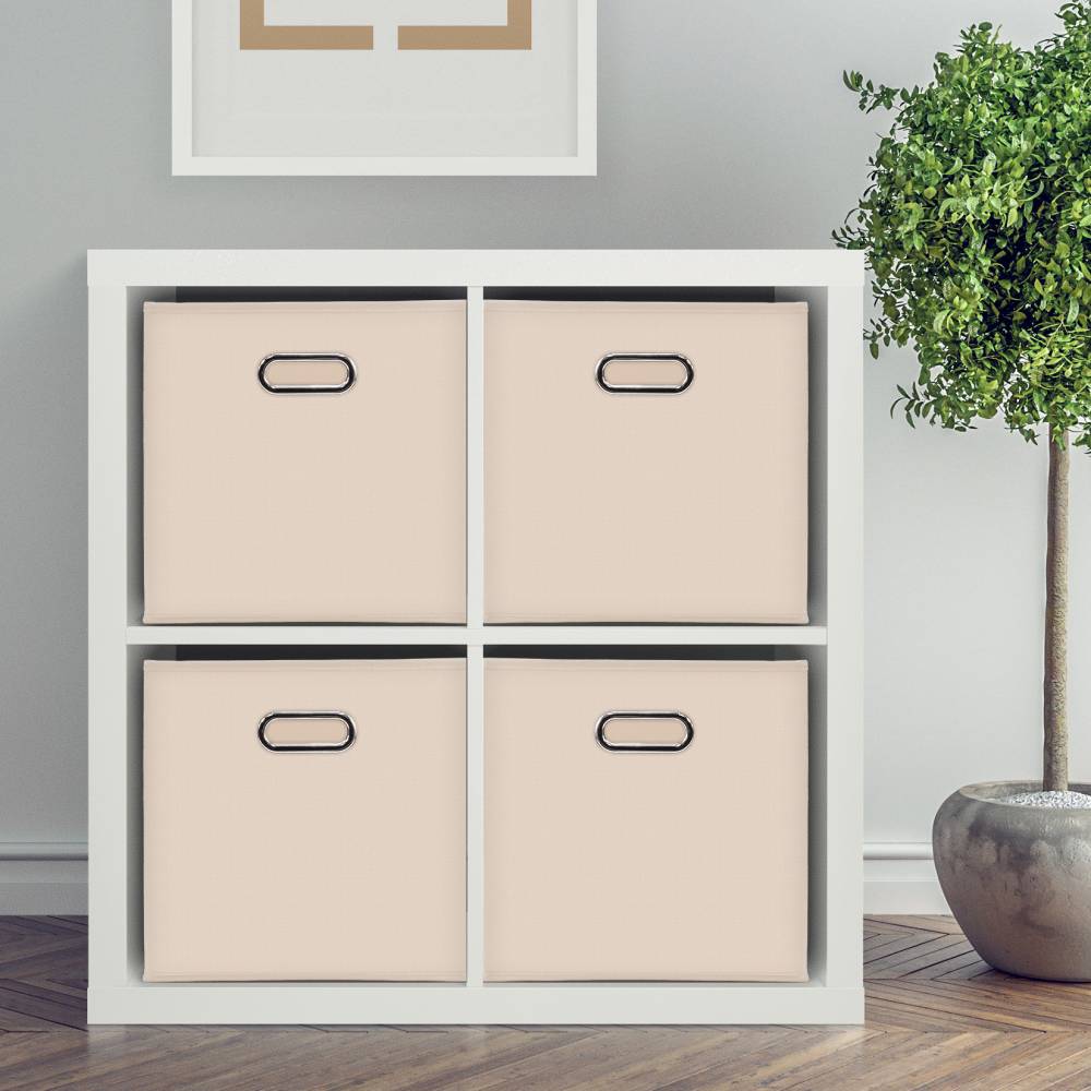 Woodluv Set of 4 Linen Storage Foldable Collapsible Baskets, Beige