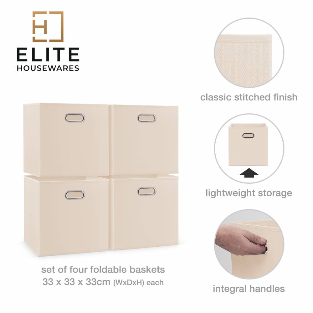 Woodluv Set of 4 Linen Storage Foldable Collapsible Baskets, Beige
