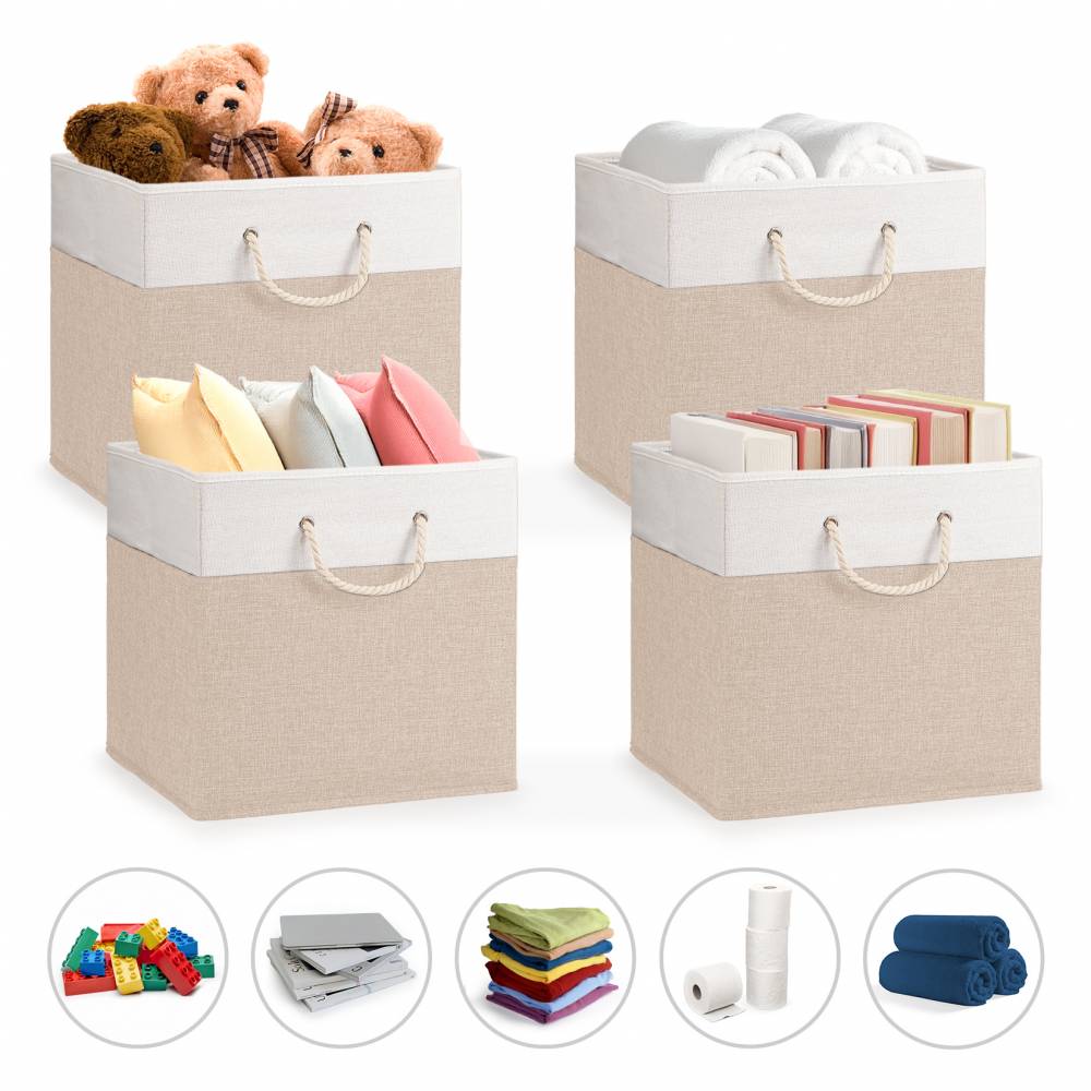Woodluv Set of 4 Linen Storage Foldable Collapsible Baskets, Beige