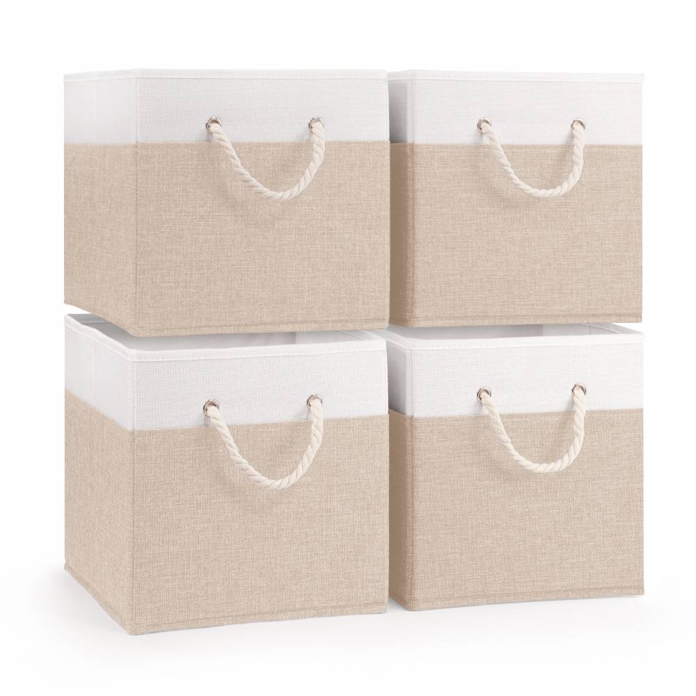 Woodluv Set of 4 Linen Storage Foldable Collapsible Baskets, Beige