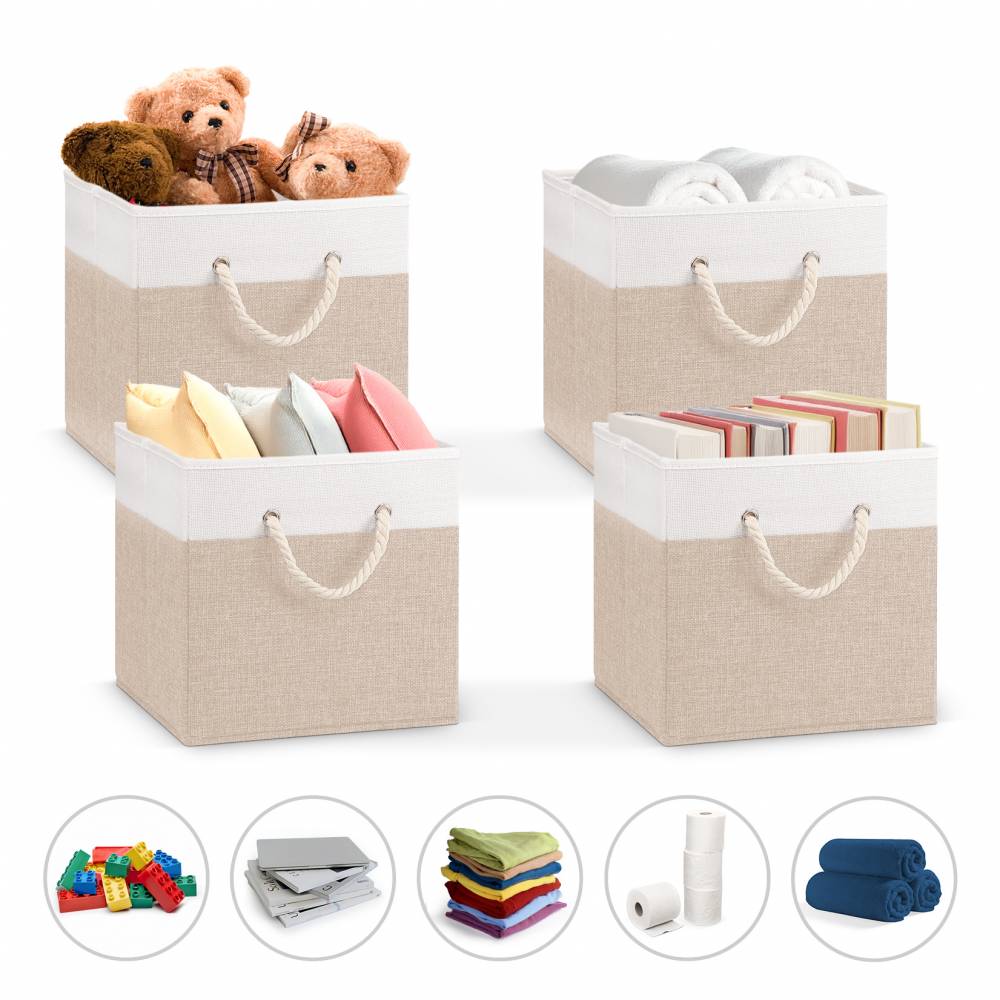 Woodluv Set of 4 Linen Storage Foldable Collapsible Baskets, Beige