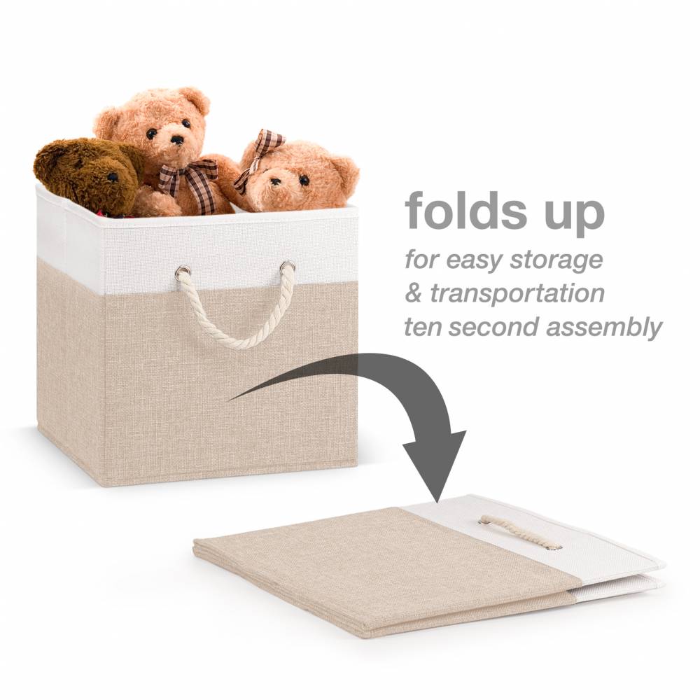 Woodluv Set of 4 Linen Storage Foldable Collapsible Baskets, Beige