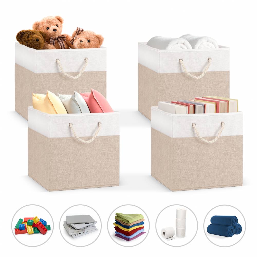 Woodluv Set of 4 Linen Storage Foldable Collapsible Baskets, Beige