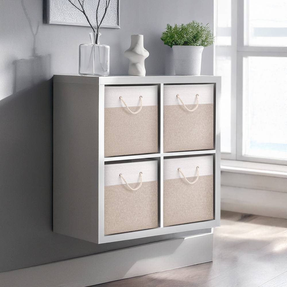 Woodluv Set of 4 Linen Storage Foldable Collapsible Baskets, Beige