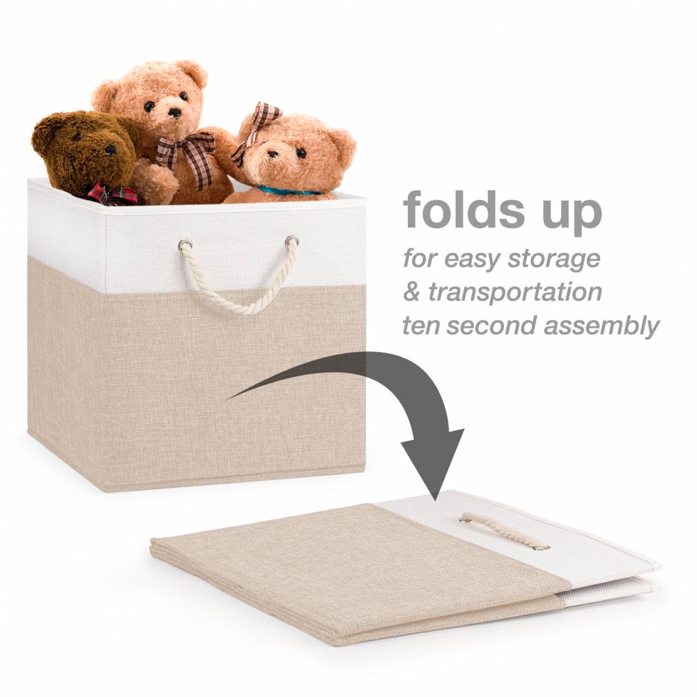 Woodluv Set of 4 Linen Storage Foldable Collapsible Baskets, Beige