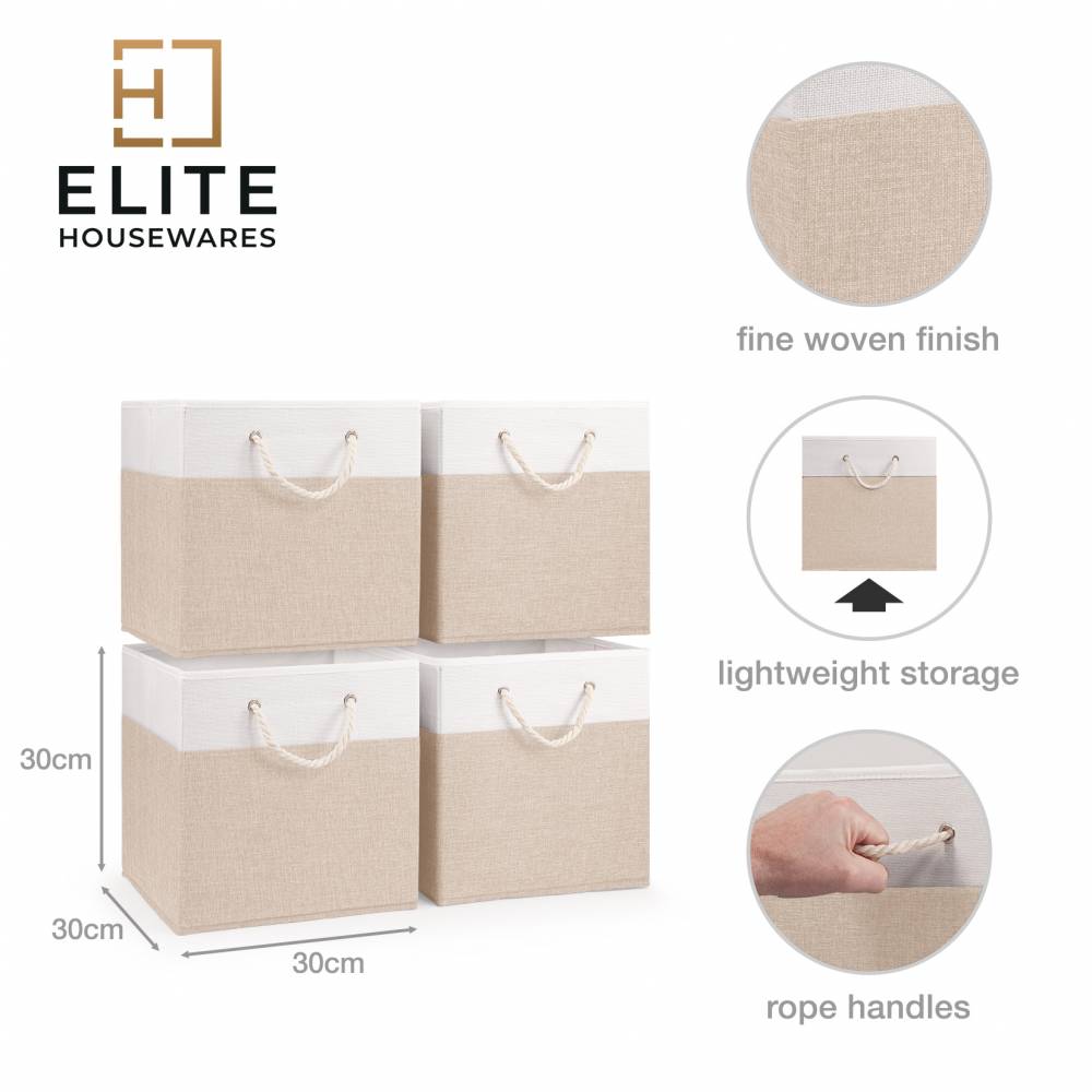 Woodluv Set of 4 Linen Storage Foldable Collapsible Baskets, Beige
