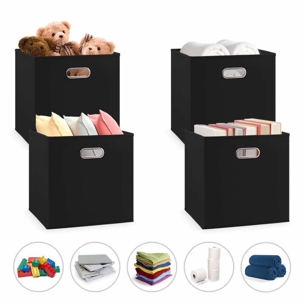 Woodluv Set of 4 Linen Storage Foldable Collapsible Baskets, Black