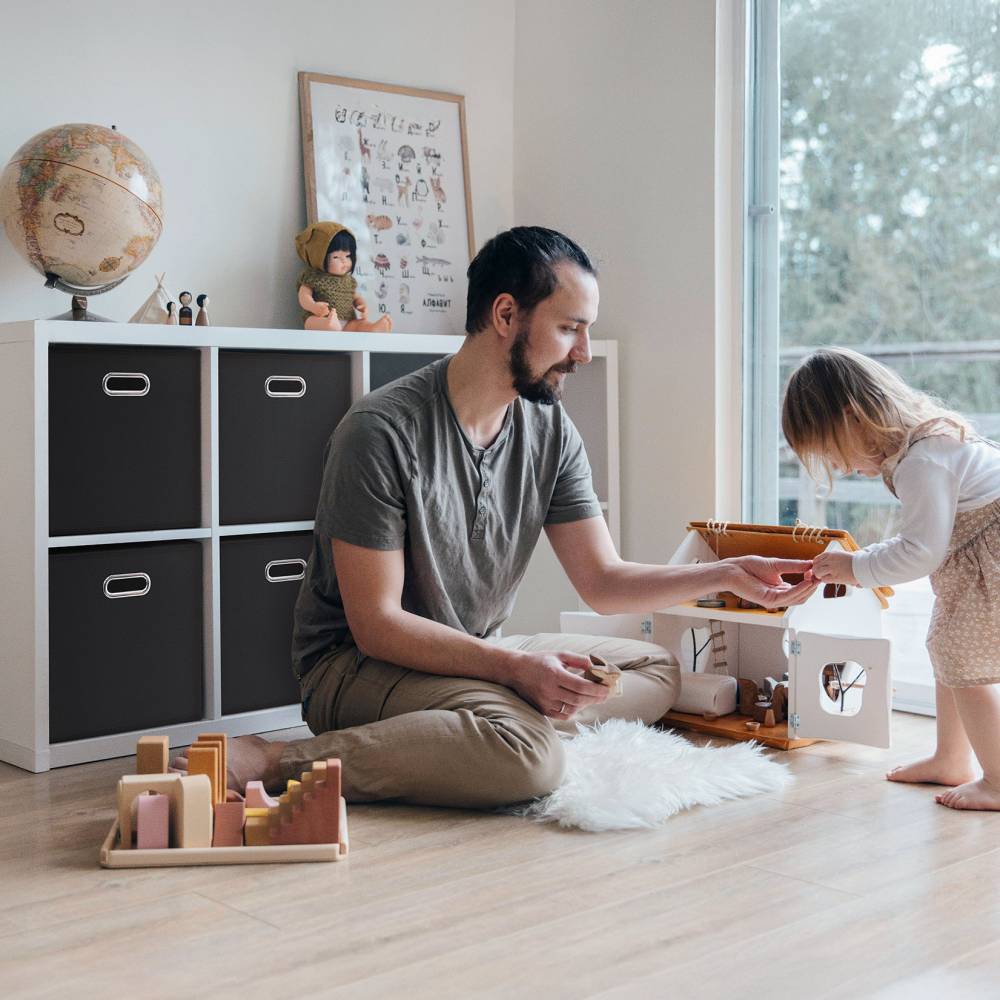 Woodluv Set of 4 Linen Storage Foldable Collapsible Baskets, Black