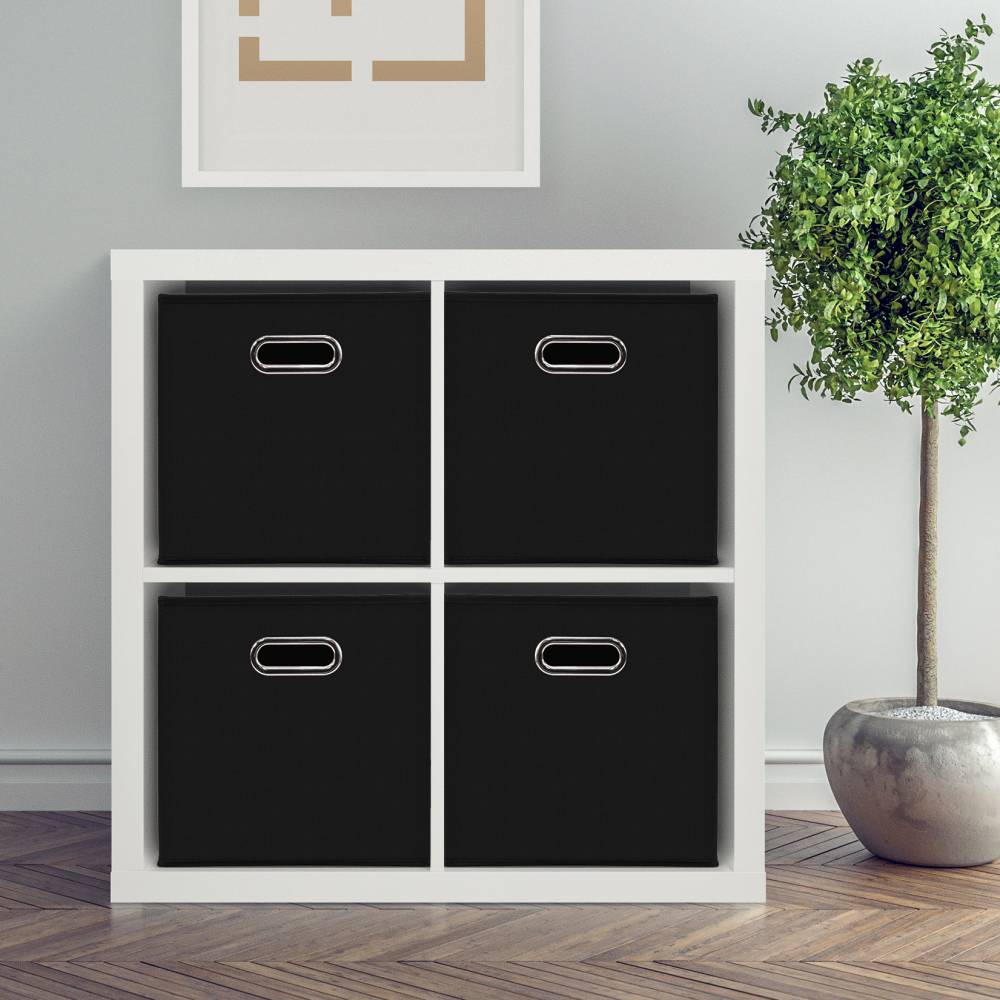 Woodluv Set of 4 Linen Storage Foldable Collapsible Baskets, Black