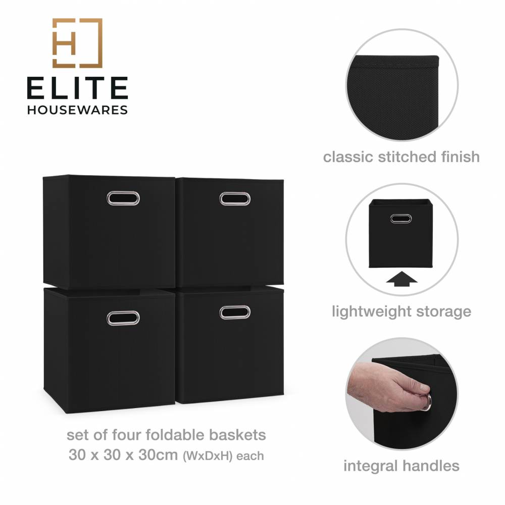 Woodluv Set of 4 Linen Storage Foldable Collapsible Baskets, Black