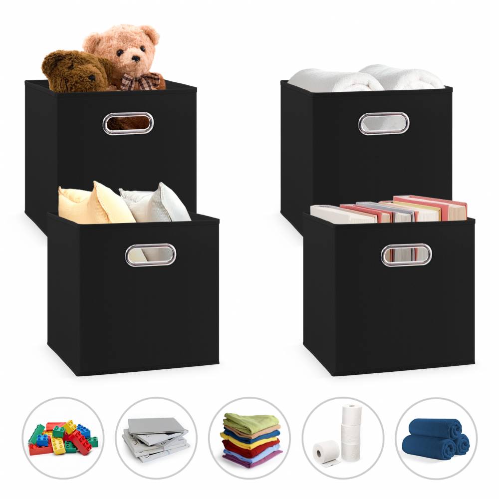 Woodluv Set of 4 Linen Storage Foldable Collapsible Baskets, Black